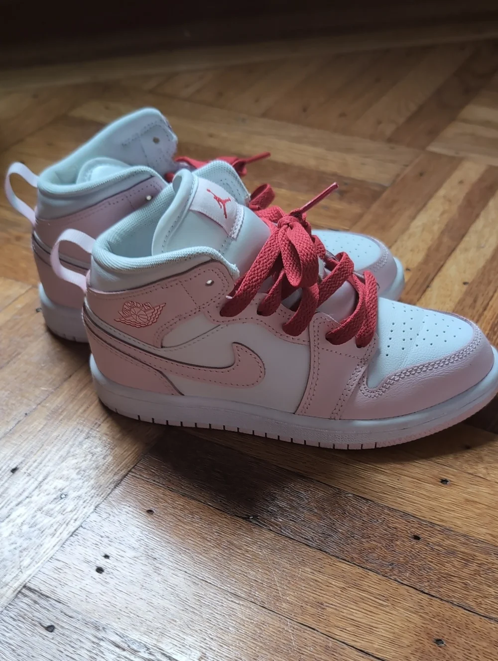Nike Air Jordan 1 Mid White, Light Pink & Red Accent Sneakers